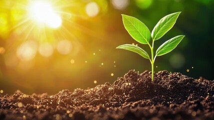 A young plant emerging from rich soil under the bright rays of sunlight, symbolizing growth and new beginnings.