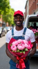 Fototapeta premium African male courier wearing a red cap, smiling and looking at the camera, holding a bouquet of pink peonies against a blurred background of an open van filled with floral bouquets. Generated AI