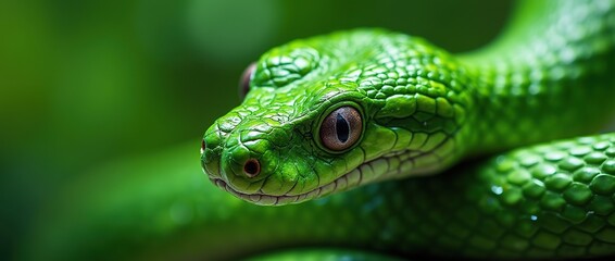 Fototapeta premium bright shiny green snake close up