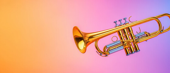 Obraz premium close up of shiny trumpet against vibrant gradient background, showcasing its intricate details and bright colors