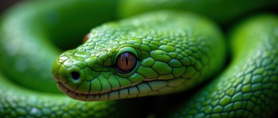 Obraz premium bright shiny green snake close up