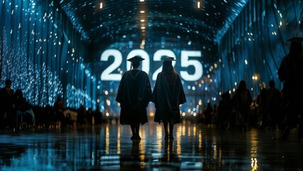 Rear View of Two university graduates wearing caps and gowns. Large numbers 2025 year displayed on background. Triumphant atmosphere, symbolizing academic success and achievement. Graduation day. 