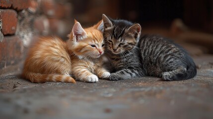 Adorable kittens cuddling on a rustic floor