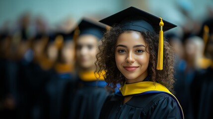 Cheerful multiethnic female in graduation yellow-blue colors costume smiling at camera, student posing over international group of students at university campus, copy space, banner. Ukrainian colors