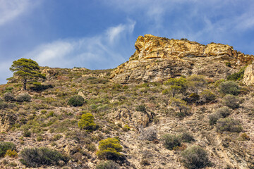 Spain, coastal mountain landscape near Roses, view from the sea