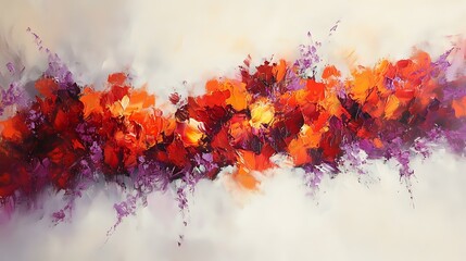 Radiant splashes of warm red, orange and yellow blend with subtle shades of lavender and white, forming a dynamic yet soothing abstract design