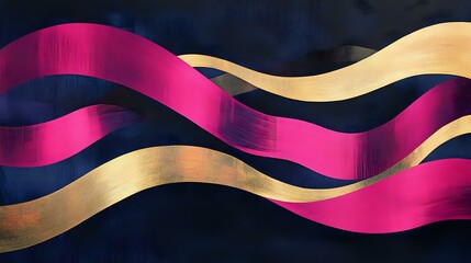 Radiant streaks of magenta and gold ripple into dynamic curves of deep navy and black, forming a striking abstract design