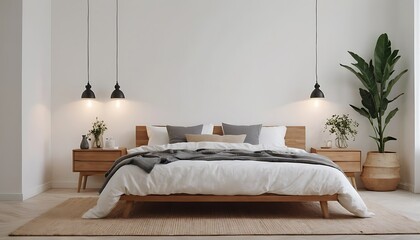 Interior of bedroom with bed, shelving unit, burning candles and houseplants near white wall home ,6