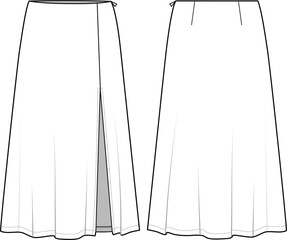 Women's Split Front Midi Skirt- Technical fashion illustration. Front and back, white color. Women's CAD mock-up.