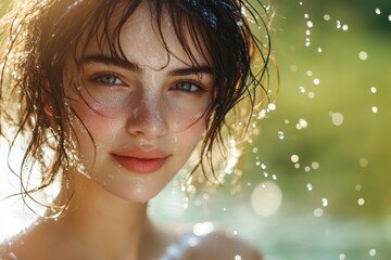 Woman washing her face with water in a natural outdoor setting during daytime