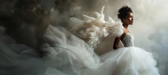 African American woman in a designer wedding dress, high fashion, haute couture, photography for a fashion magazine, for a banner, for a website