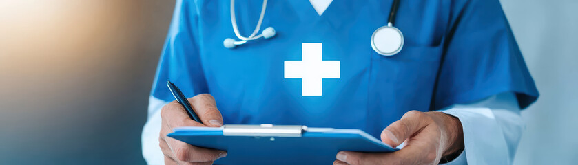 medical professional in blue scrubs holds clipboard, writing notes. scene conveys sense of care and professionalism in healthcare