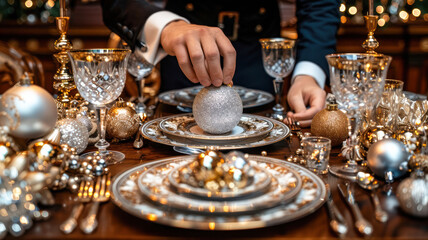 Still life served festive dinner table while Christmas lights glowing