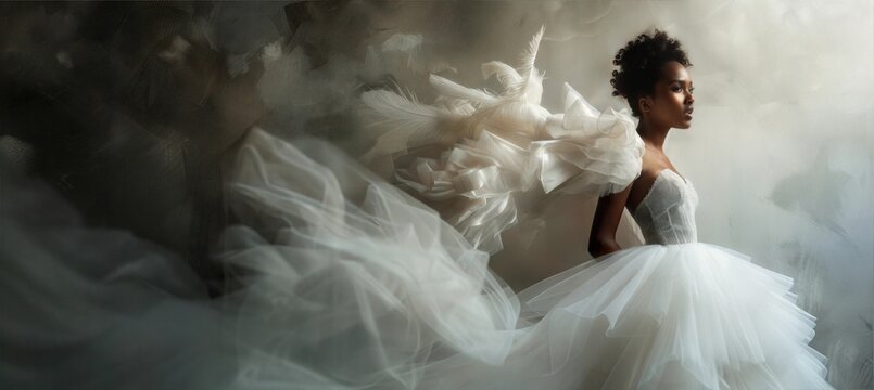 African American woman in a designer wedding dress, high fashion, haute couture, photography for a fashion magazine, for a banner, for a website
