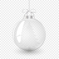Glass Christmas ball with bow and christmas tree. Element of holiday decoration. Vector object for christmas design, mockup, postcard, invitation, poster, banner
