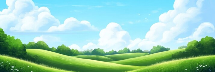 Obraz premium Panoramic view of lush green hills and meadows beneath a bright blue sky with white clouds