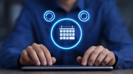 Obraz premium person in blue shirt is typing on keyboard with digital calendar icon above, symbolizing organization and planning