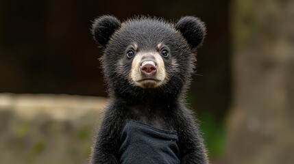 Adorable black bear cub standing with alert expression in forest background