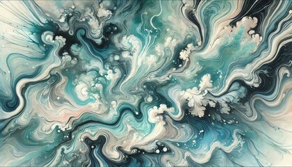 Fototapeta premium A fluid art-inspired background with swirling shades of aqua, teal, and white, resembling the natural flow of watercolors.