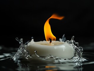 Candlelight in the Wake:  A single candle, its flame dancing with a mesmerizing intensity, sits in the midst of a water splash, creating a mesmerizing display of light and movement.