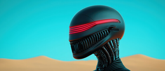 futuristic robotic figure with sleek design and glowing red accents stands against desert backdrop, evoking sense of advanced technology and