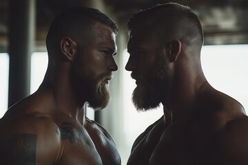 Romantic embrace between two muscular men with buzzcuts in a cozy setting