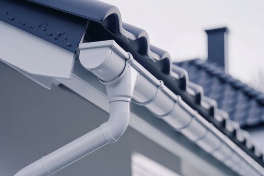 Contemporary Gutter Installed on a Residential House Roof to Enhance Functionality. Clean well maintained rain gutter system. Roof architecture effectively. Polymer storm drainage. Home architectural