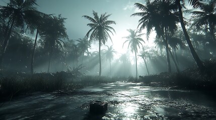 A foggy, low-angle shot of a tropical rainforest with a stream running through it.