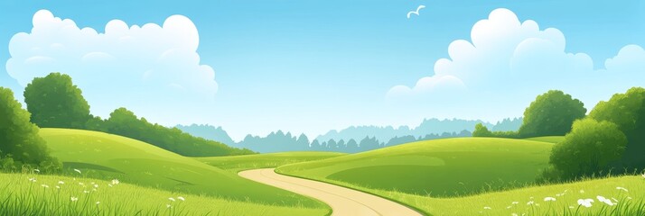 Obraz premium Panoramic view of lush green meadows beneath a clear blue sky with white fluffy clouds