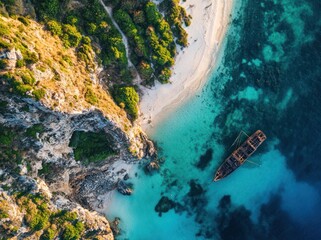 Aerial View of Secluded Beach and Sunken Ship