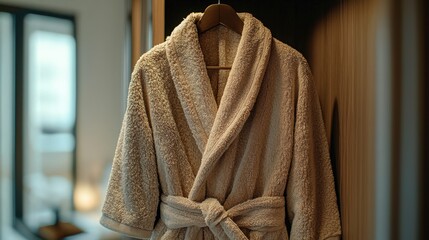 Cozy bathrobe hanging in a modern hotel room during morning light