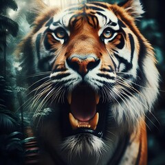 Obraz premium : A tiger set against a tropical forest and mesmerizing sunset. Sun rays cross its glowing eyes, creating a mystical aura that symbolizes the strength of nature and the spirit of the jungle. 