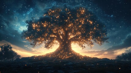 Fototapeta premium A glowing tree stands majestically against a starry sky, symbolizing nature's beauty.