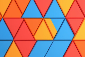 Fototapeta premium Colorful overlapping triangles create vibrant geometric pattern, showcasing red, blue, and yellow hues