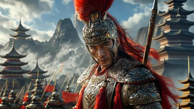 A skilled warrior clad in intricately designed armor showcases strength and determination. Surrounding him are soldiers prepared for battle, with ancient Chinese architecture in the background.