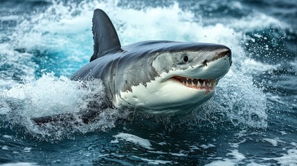 Fototapeta premium Majestic great white shark emerging from ocean waves