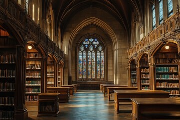 Fototapeta premium Majestic Ancient Library Featuring Towering Gothic Arches and Stained Glass, Adorned with Antique Furniture and Enchanting Illuminations