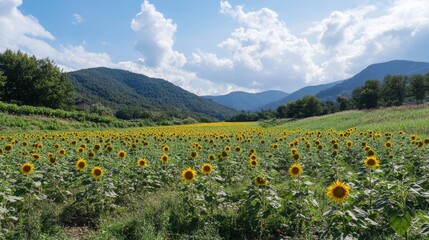 Fototapeta premium Picturesque Sunflower Farm: Vibrant Yellow Blooms Against a Serene Mountain Sky