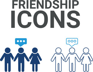 Friendship icons. Contains friends, groups of friends, socialize, friendly, cheers, trust, support,t, and best friends icons. Solid icon collection. Vector illustration.