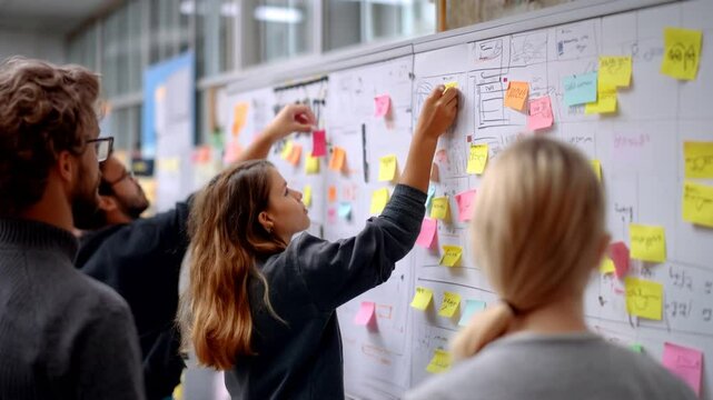 Motivated startup team collaborating, using sticky notes for brainstorming and strategic planning on whiteboard during creative workshop