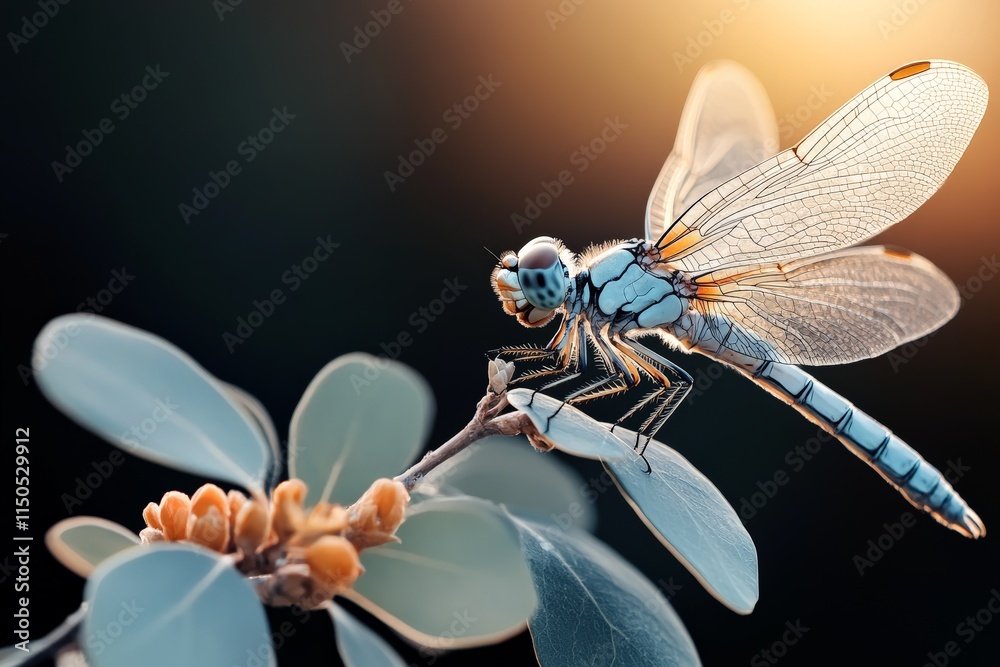 Wall mural Close-up of a vibrant blue dragonfly resting on a plant branch during sunset in a tranquil natural setting