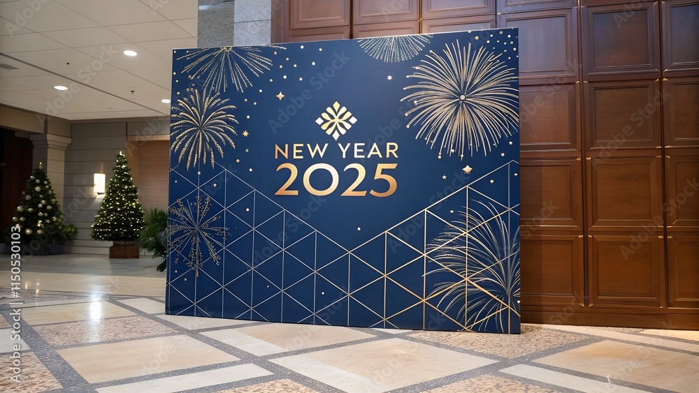 Fototapete celebrating 2025 new year.elegant card for event with abstract golden fireworks and golden numbers o