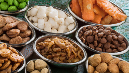 Healthy pet food options including dry kibble and biscuits in attractive bowls for pets. Concept of food for pets theme banner