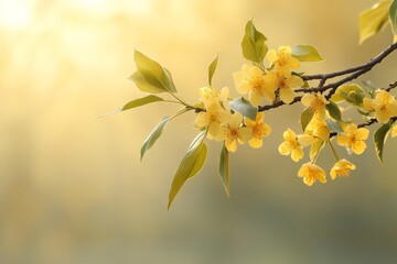 Bright yellow flowers bloom on a branch against a soft, glowing background in a serene setting
