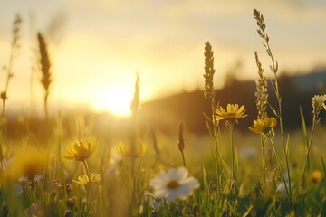 Bright sunset casts a warm glow over a vibrant field of wildflowers with towering grass in the foreground © c80