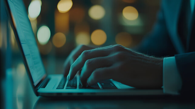A business professional typing on a laptop keyboard during a virtual meeting a blurred office background visible.