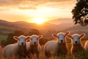 Obraz premium Flock of sheep enjoying a sunset on a serene hillside in the countryside