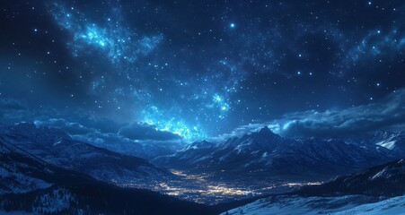Naklejka premium Night Sky Over Snowy Mountains and Valley Town
