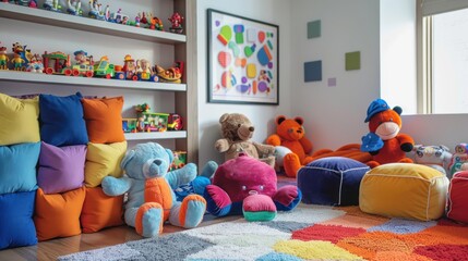 Colorful children's playroom filled with toys, plush animals, and colorful pillows on a rug.
