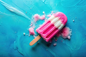 Pink and white ice cream's dreamy swirl, long-exposure captured, a summery blue backdrop.
